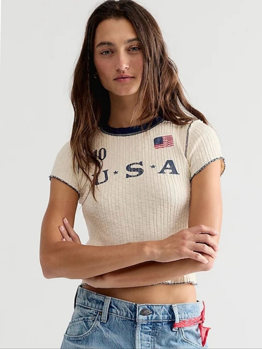 Free People Ragabond Farrah Flag Tee • NEW • Large